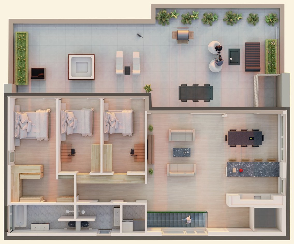 A4 Grundriss — Ebene mit Schlafzimmern, Büro und Dachterrasse